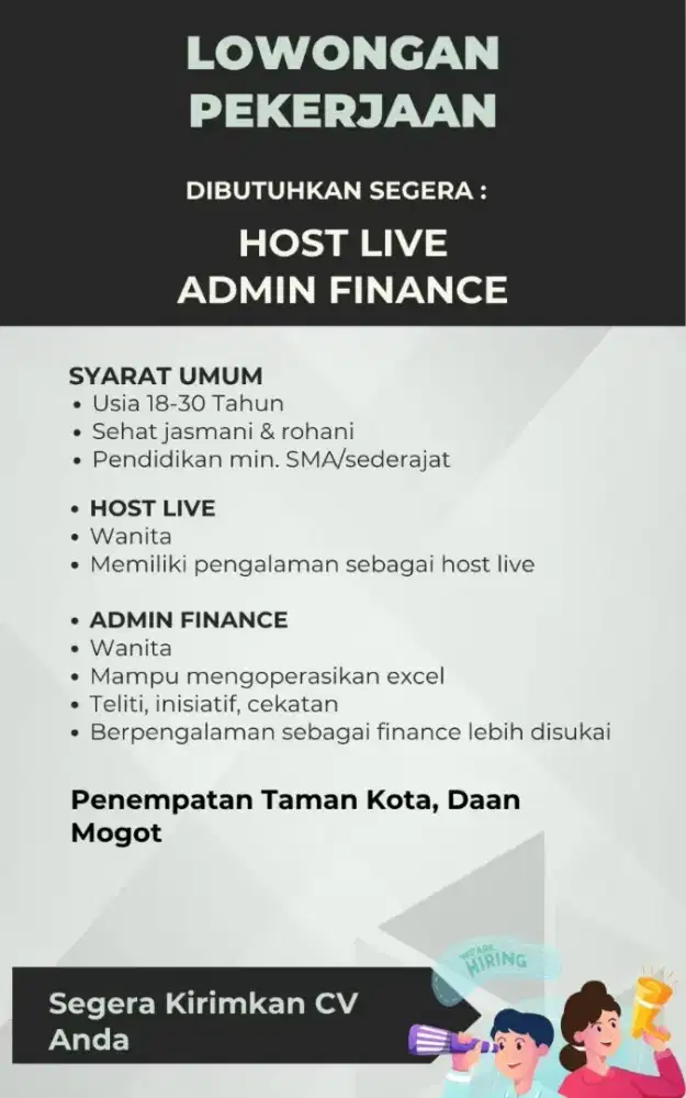 Lowongan Admin Finance, Host Live