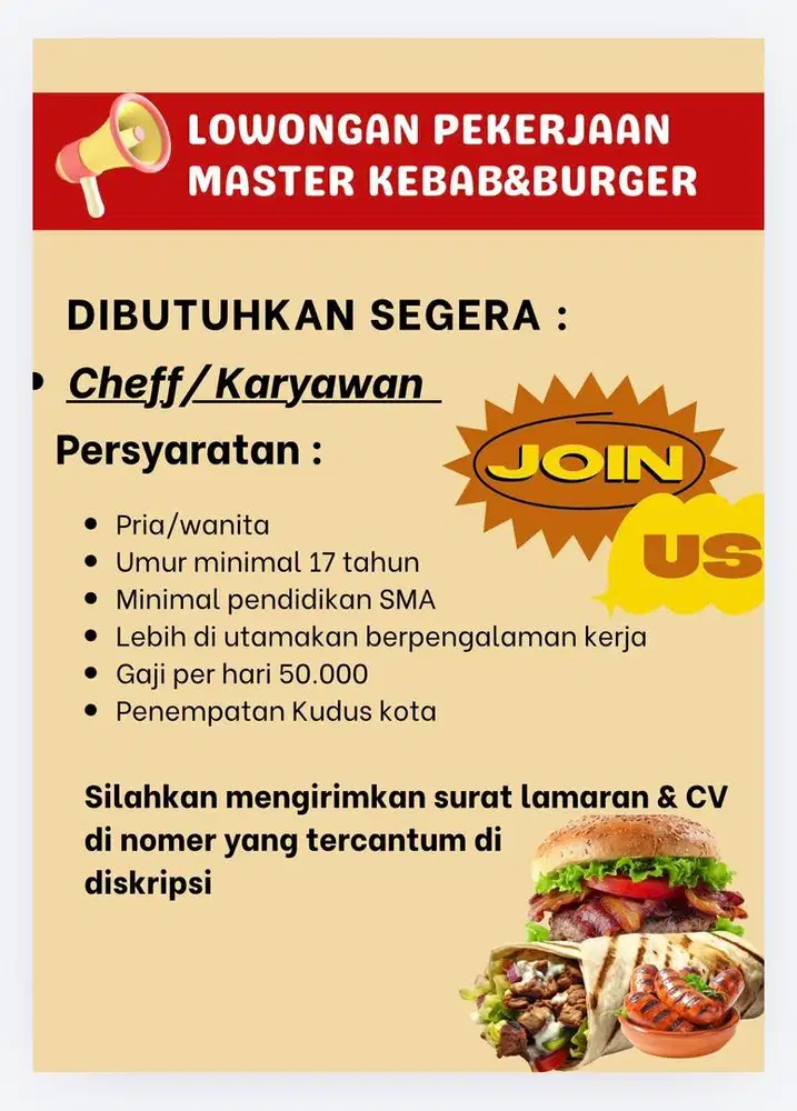 Dicari karyawan kebab&burger