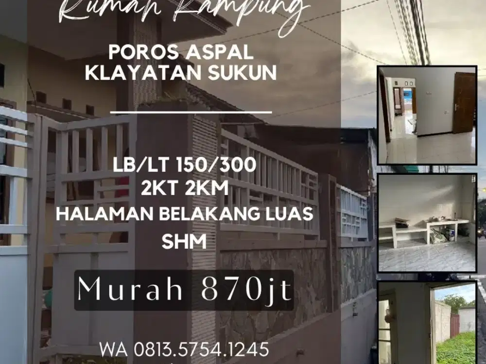Rumah dijual poros aspal kampung sukun kawasan UNIKAMA Lt300 870jt