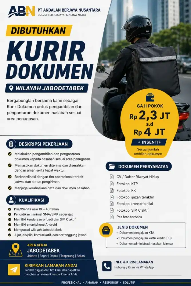 Kurir Jabodetabek (Motor Pribadi) Gaji Pokok + Insentif