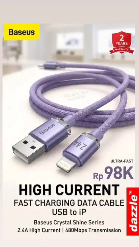 Kabel data baseus crystal USB to L 2,4A 1,2 m purple /cajy000005