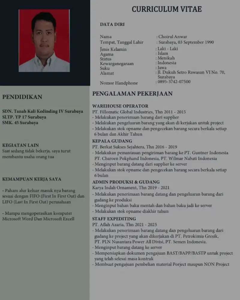 Cari pekerjaan pengalaman di staff gudang