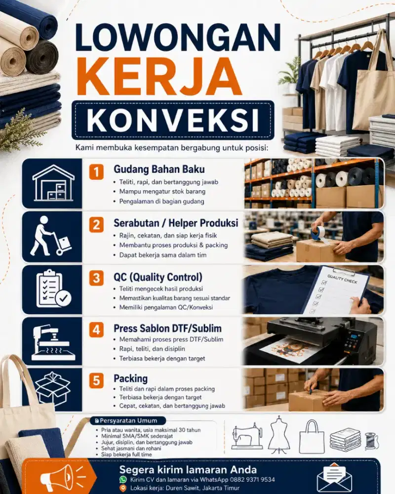 Lowongan Kerja Konveksi  QC Packing Serabutan Gudang Press sablon