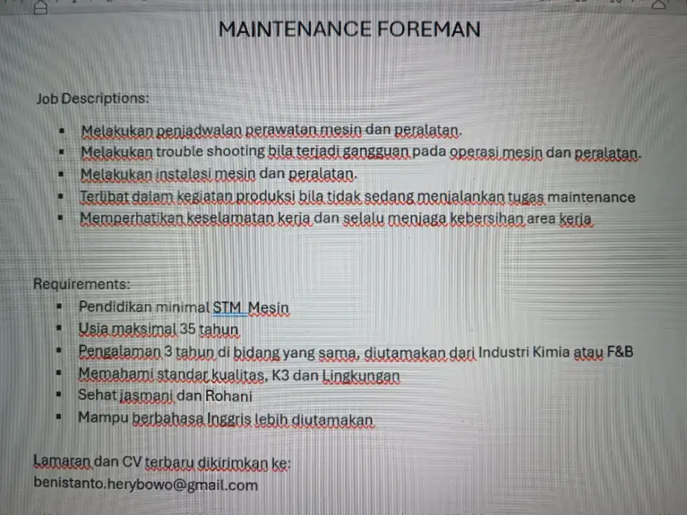 Dibutuhkan Maintenance Mekanik Pabrik