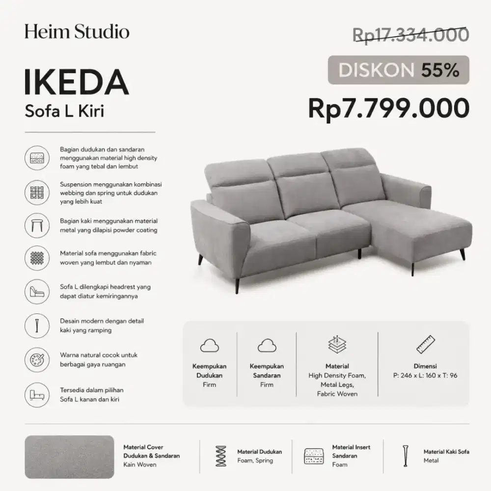 Sofa L Minimalis Heim Studio IKEDA Abu - DISKON 55% (Normal 17Jt)