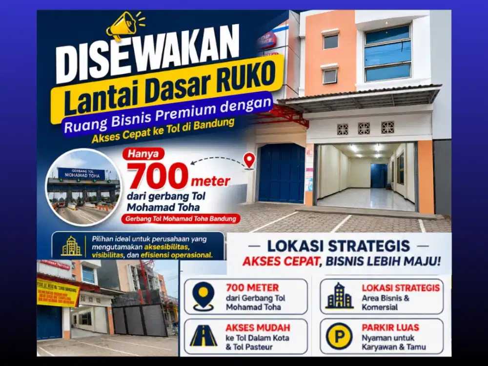 DISEWAKAN Lantai Bawah Ruko Dekat Gerbang TOL Mohamad Toha Bandung