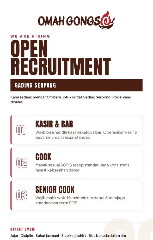 Lowongan FNB Posisi Kasir, Waitress, Bar, Cook