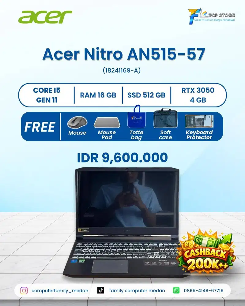 LAPTOP ACER NITRO 5 AN515-57 CORE I5 11400H SSD 512/16GB RTX 3050 4RGB
