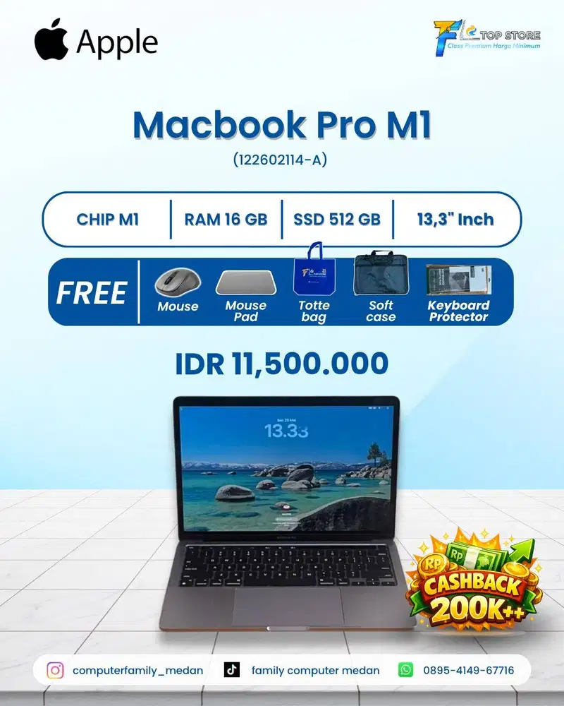 LAPTOP MACKBOOK PRO TOUCHBAR 13 INC CHIP M1 16/512GB IBOX BH 93% MULUS