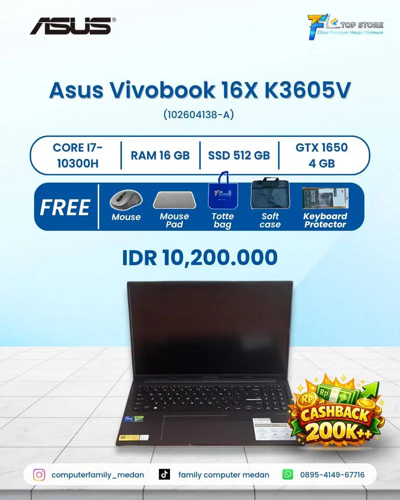 LAPTOP ASUS VIVOBOOK 16X K3605VC  CORE I7 13620H SSD 512/16GB GTX 1650