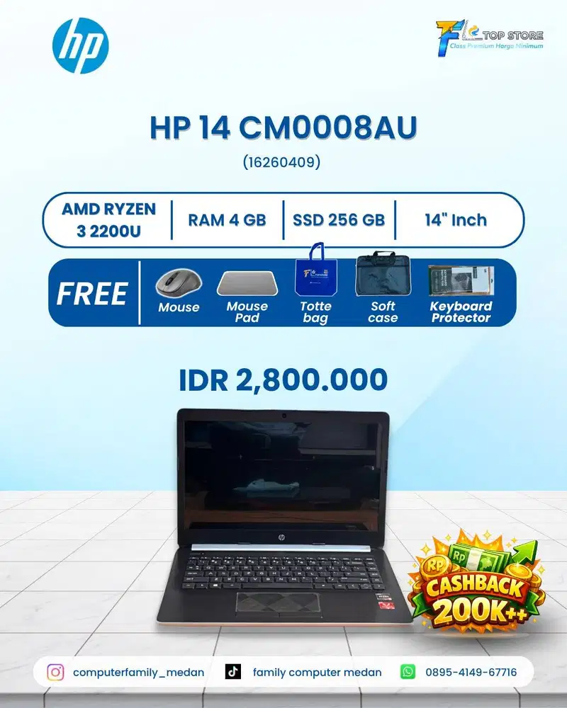 LAPTOP HP 14-CMOXXX AMD RYZEN 3 2200U RAM 4GB SSD 256GB