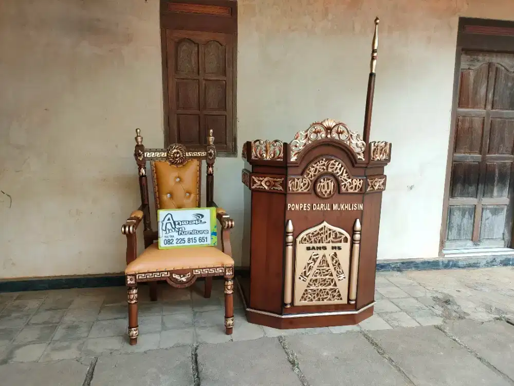 Mimbar masjid podium set kursi full kayu jati