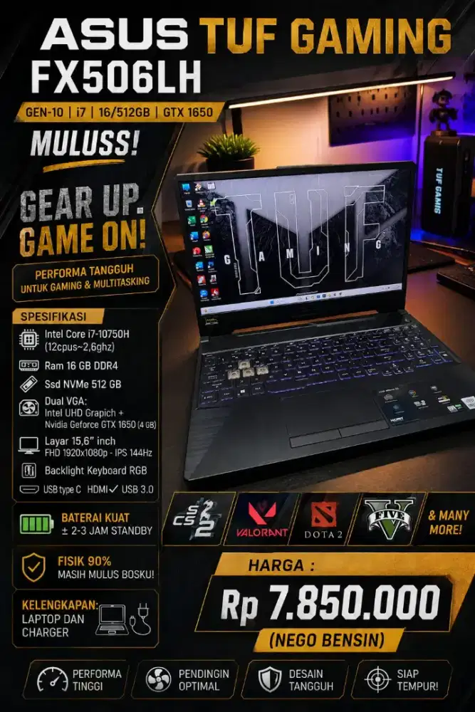 ASUS TUF GAMING FX506LH INTEL CORE i7 GEN-10 (16/512gb) GTX 1650 MULUS