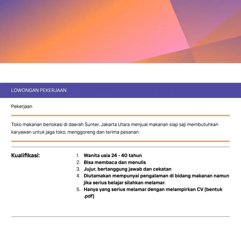 Dibutuhkan karyawan wanita