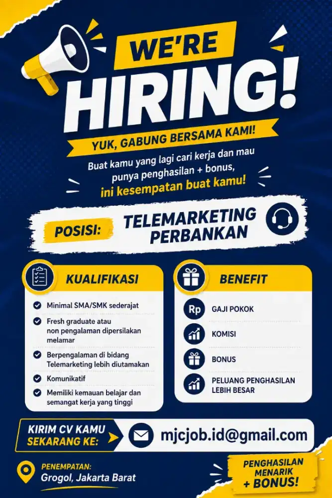 Lowongan Kerja Telemarketing Perbankan - Gaji Pokok + Komisi + Bonus