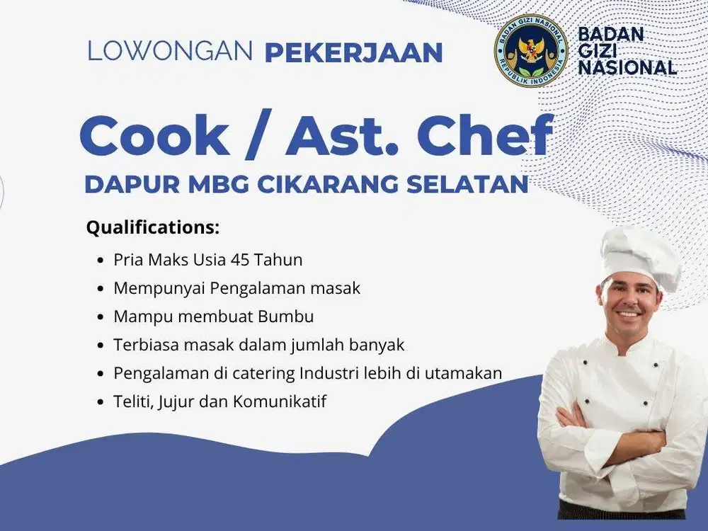 Dibutuhkan CHEF / KOKI - MBG Cikarang Selatan