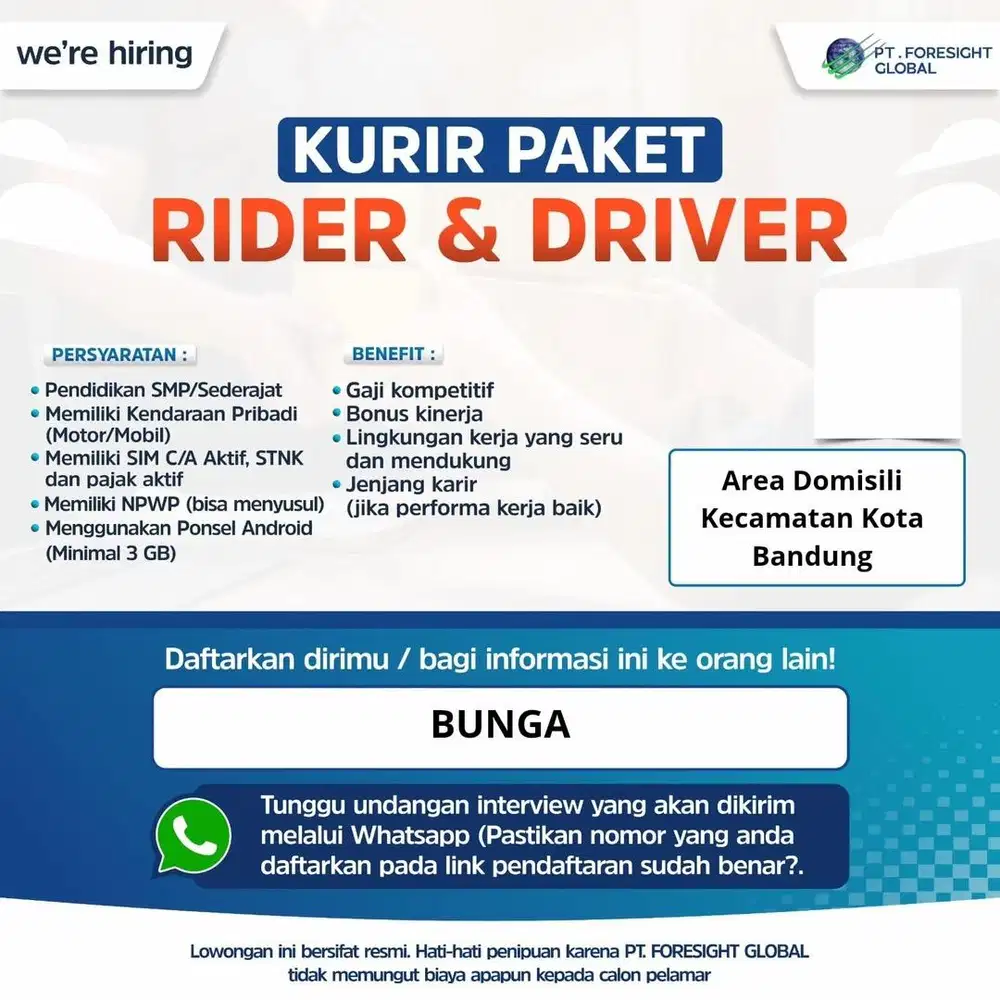 Lowongan Kerja Rider & Driver Kurir Paket Bandung