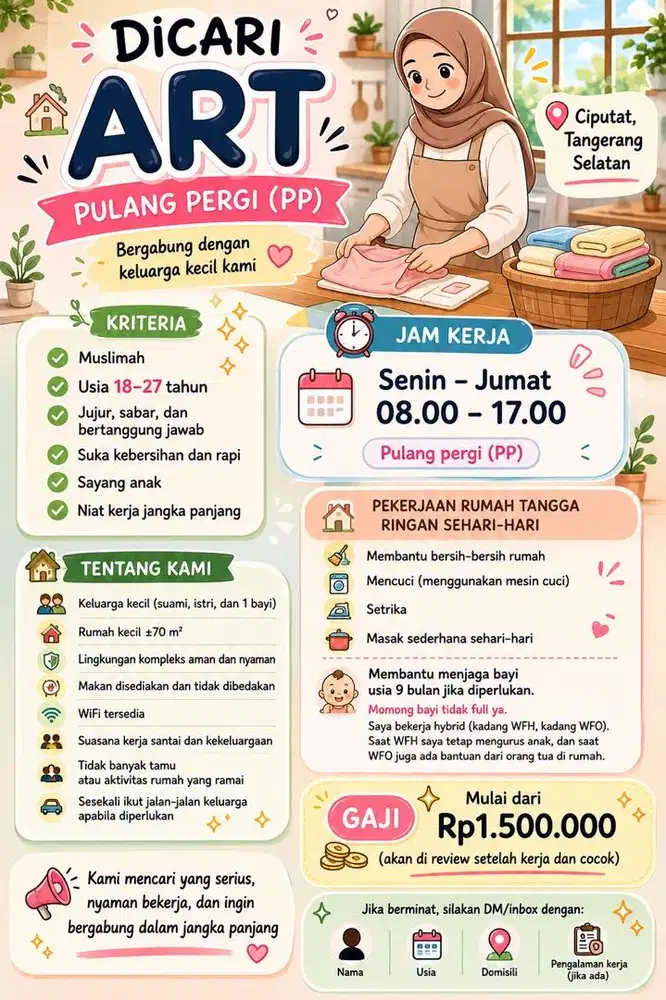 dicari art + bantu momong pp area ciputat