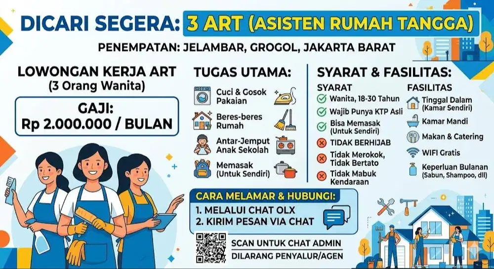 Dicari 3 ART (Asisten Rumah Tangga) Menginap - Jelambar, Grogol Jakart