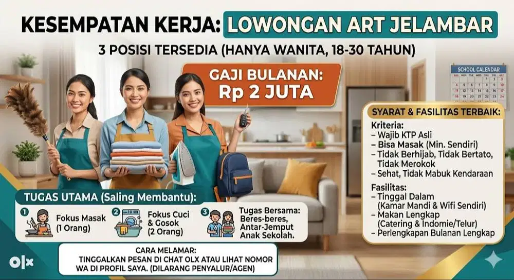 Dicari 3 ART (Asisten Rumah Tangga) Menginap - Jelambar, Grogol Jakart
