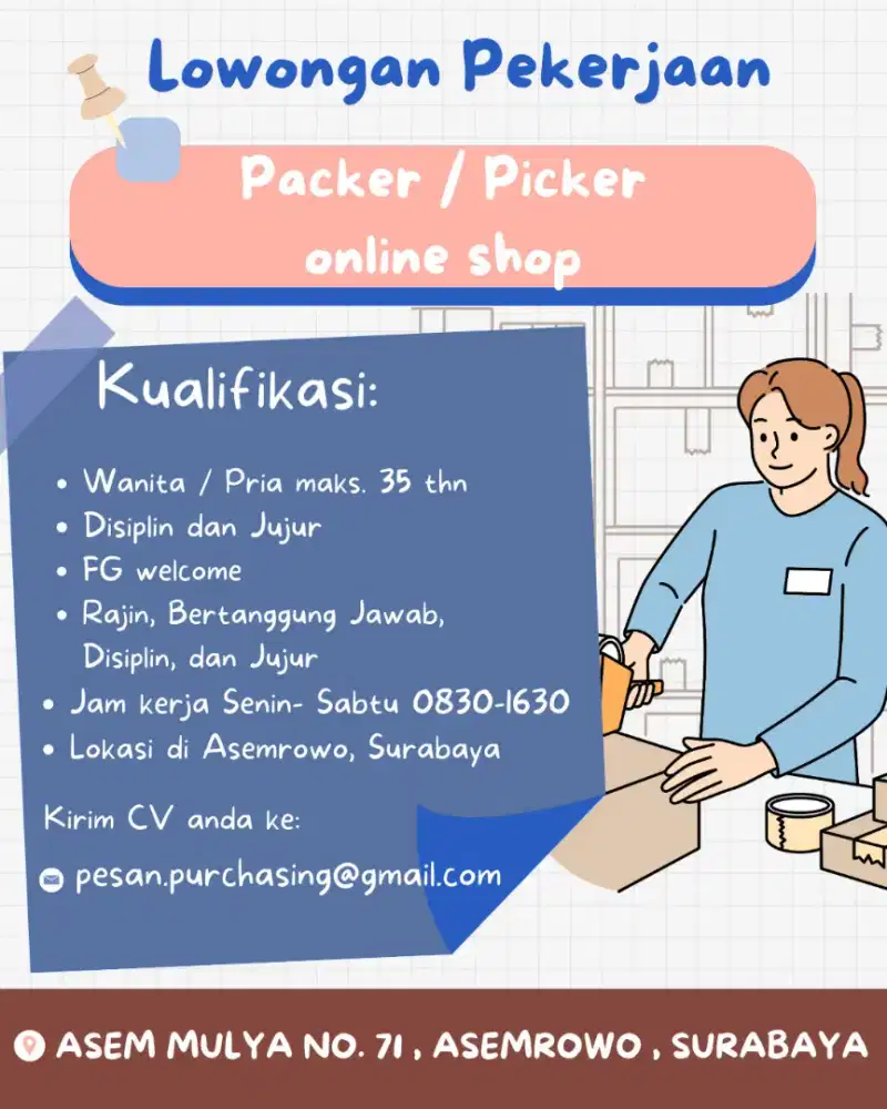 LOWONGAN KERJA GUDANG ONLINE SHOP SURABAYA FRESH GRAD PACKER PICKER