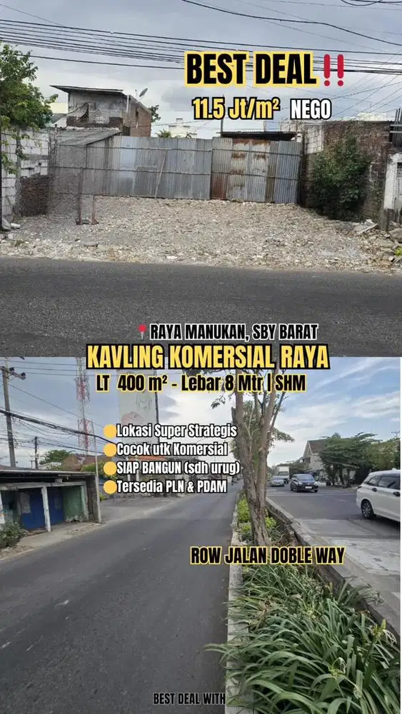 11.5JT/M2! DIJUAL TANAH RAYA MANUKAN KULON TANDES 0 JALAN STRATEGIS
