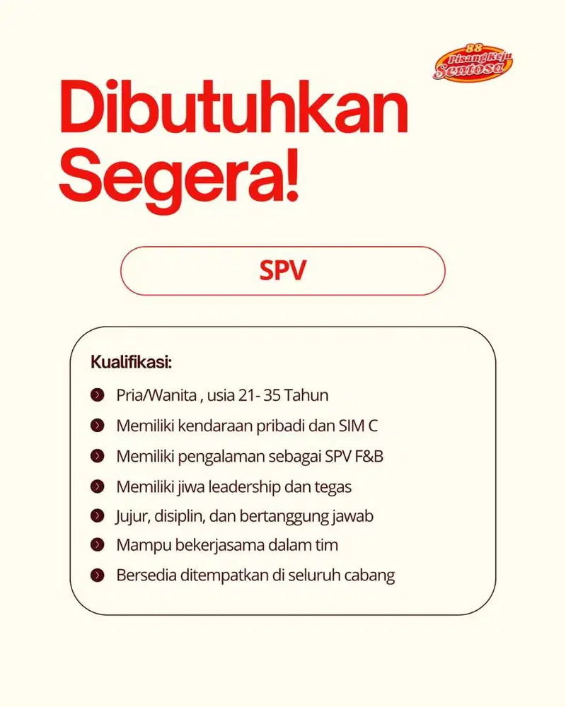 Dibutuhkan segera SPV & CREW OUTLET