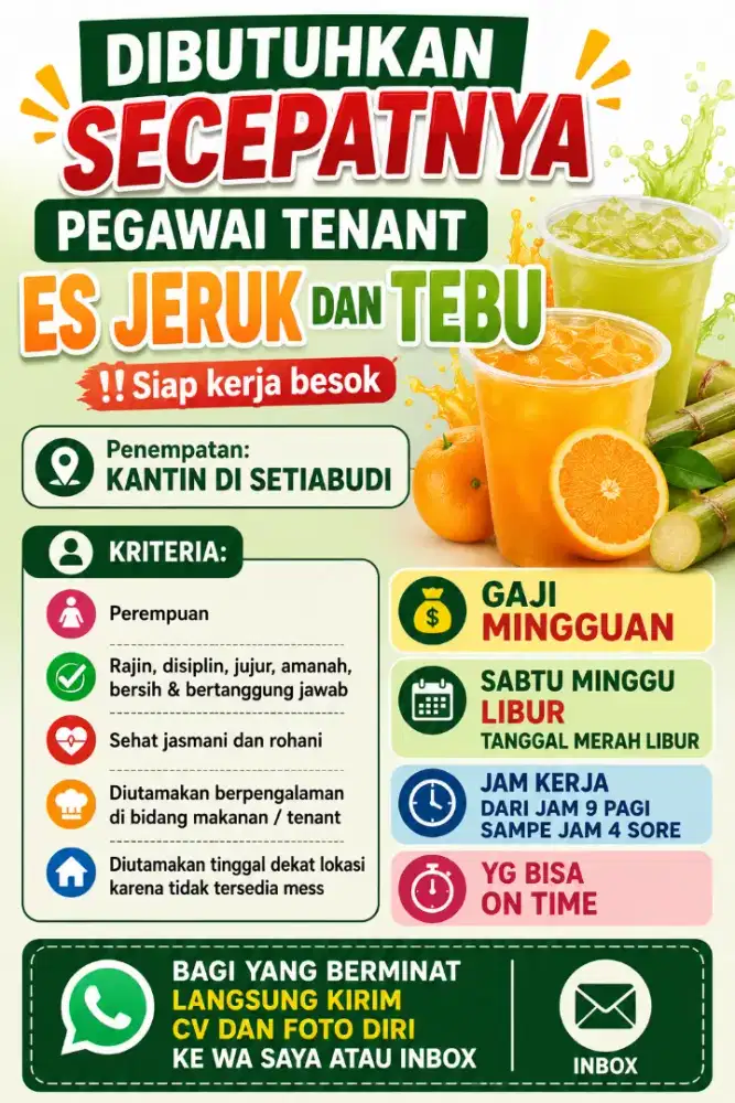 Butuh pegawai untuk stand es jeruk dan tebu di kantin
