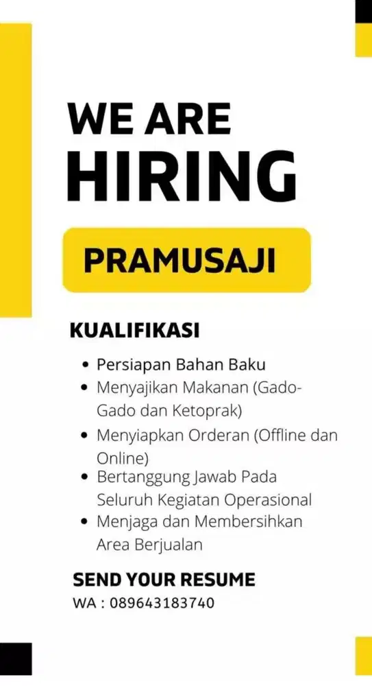 Loker pramusaji gado gado dan ketoprak, Blok A, Jakarta Selatan