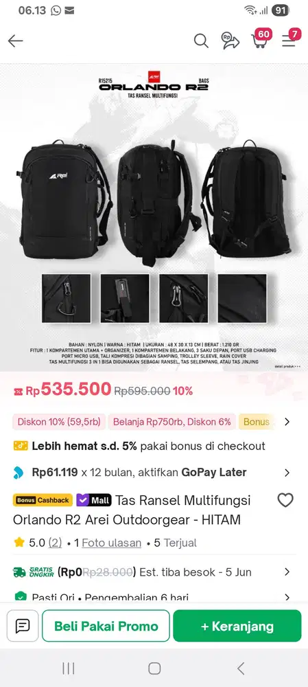 AREI Tas Ransel Tas Serbaguna Tas Laptop