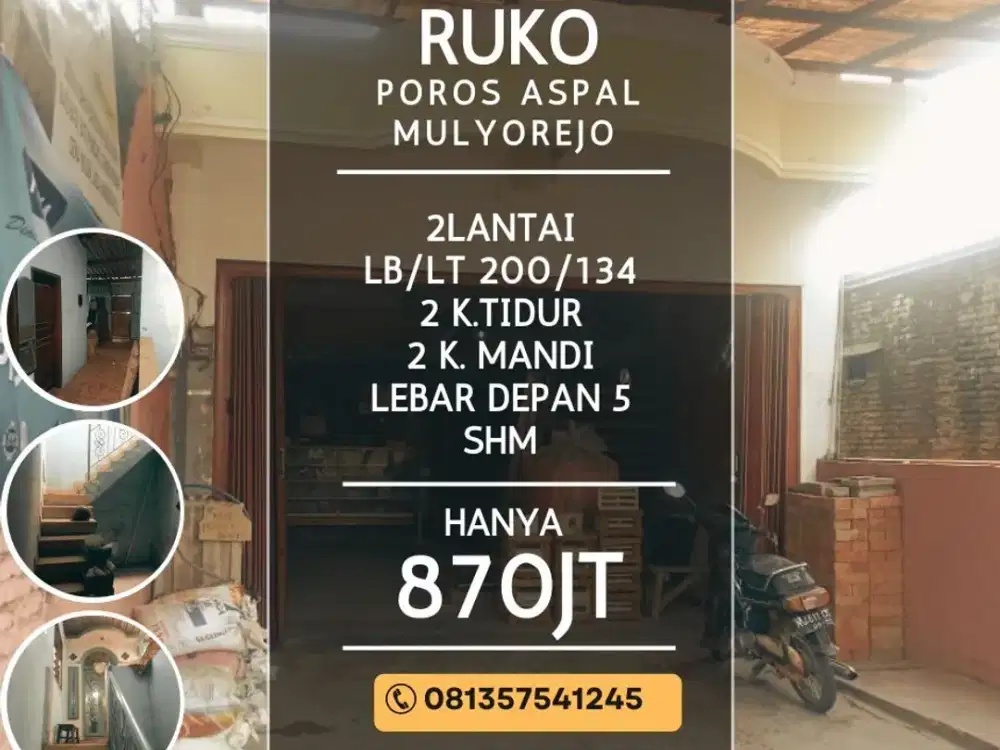 Ruko dijual di mulyorejo sukun 2lt murah 850jt poros jalan