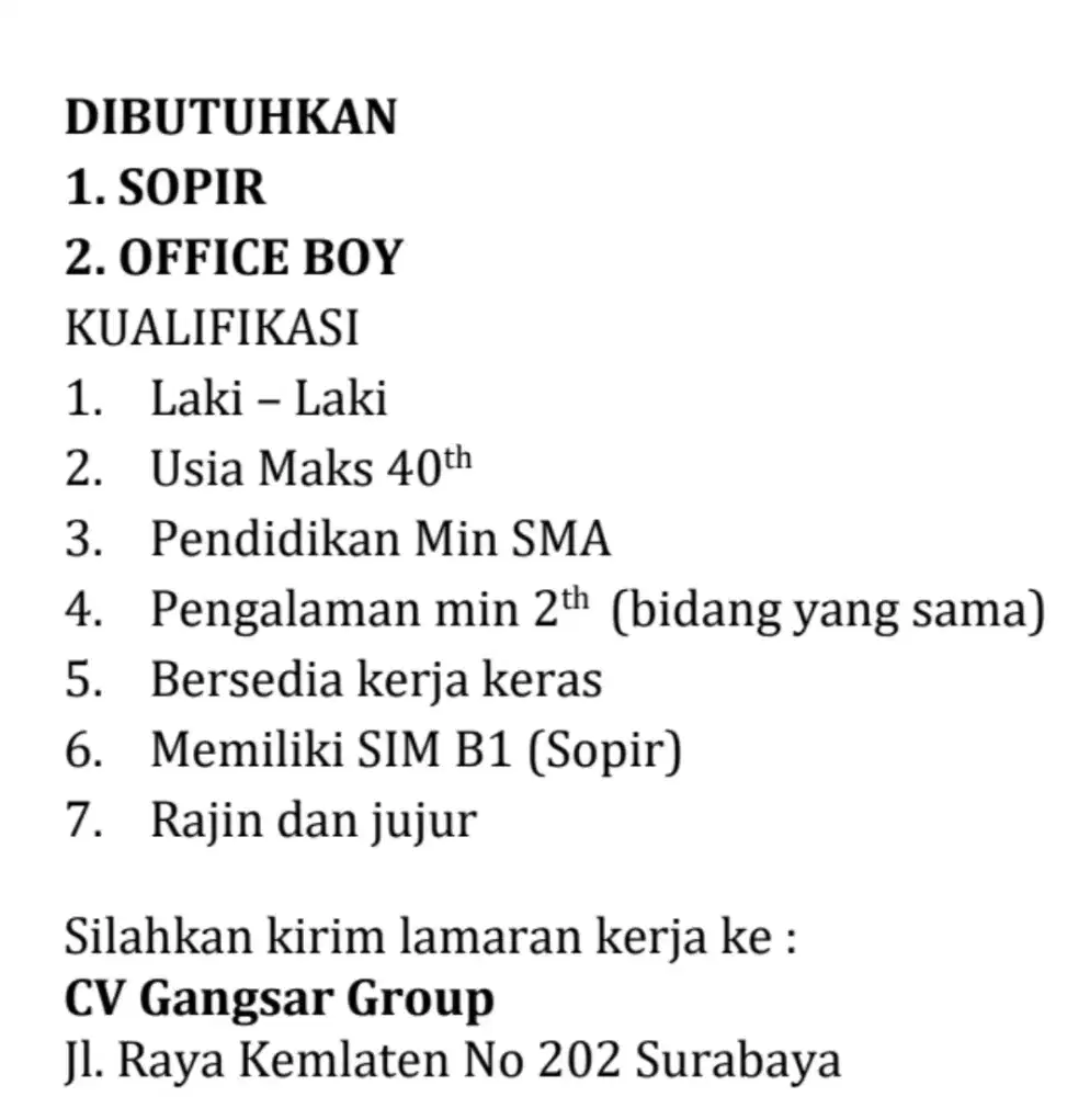 Dibutuhkan segera office boy