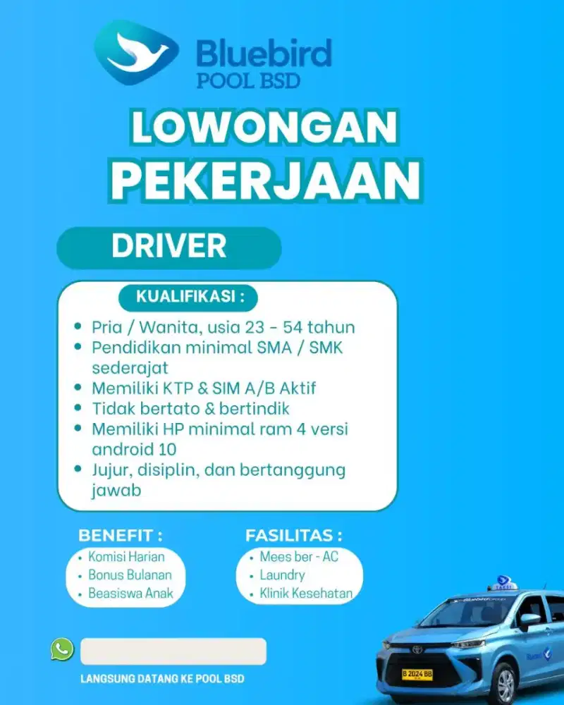 Lowongan Driver Taxi Bluebird POOL BLUEBIRD BSD
