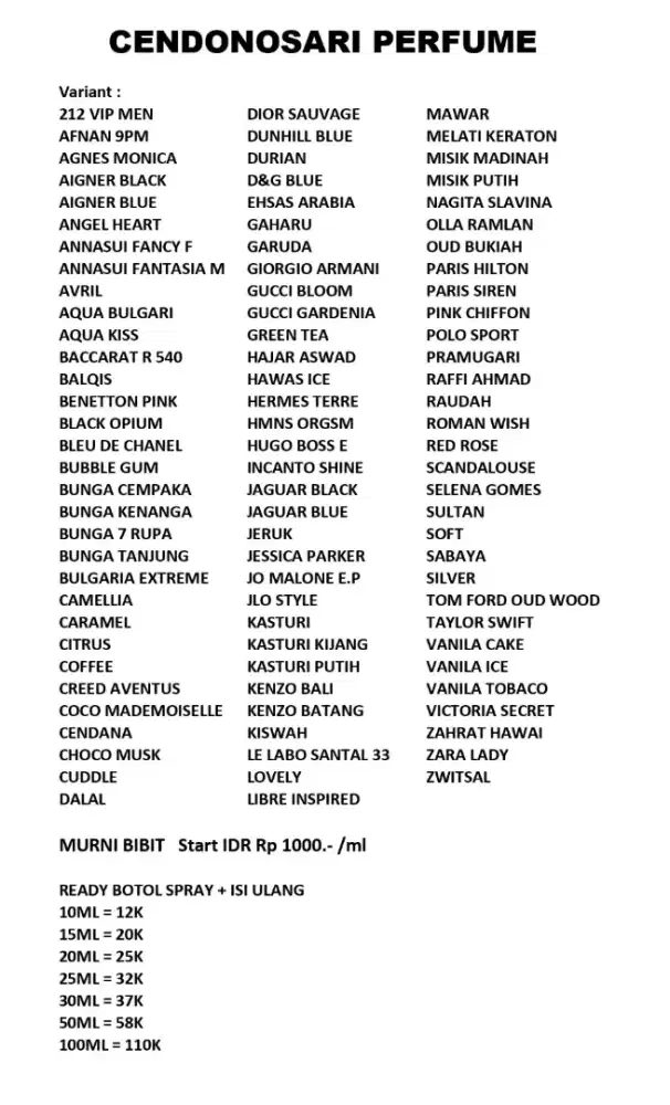 PARFUM BIBIT 1000 RUPIAH PER MILI PILIH VARIANT