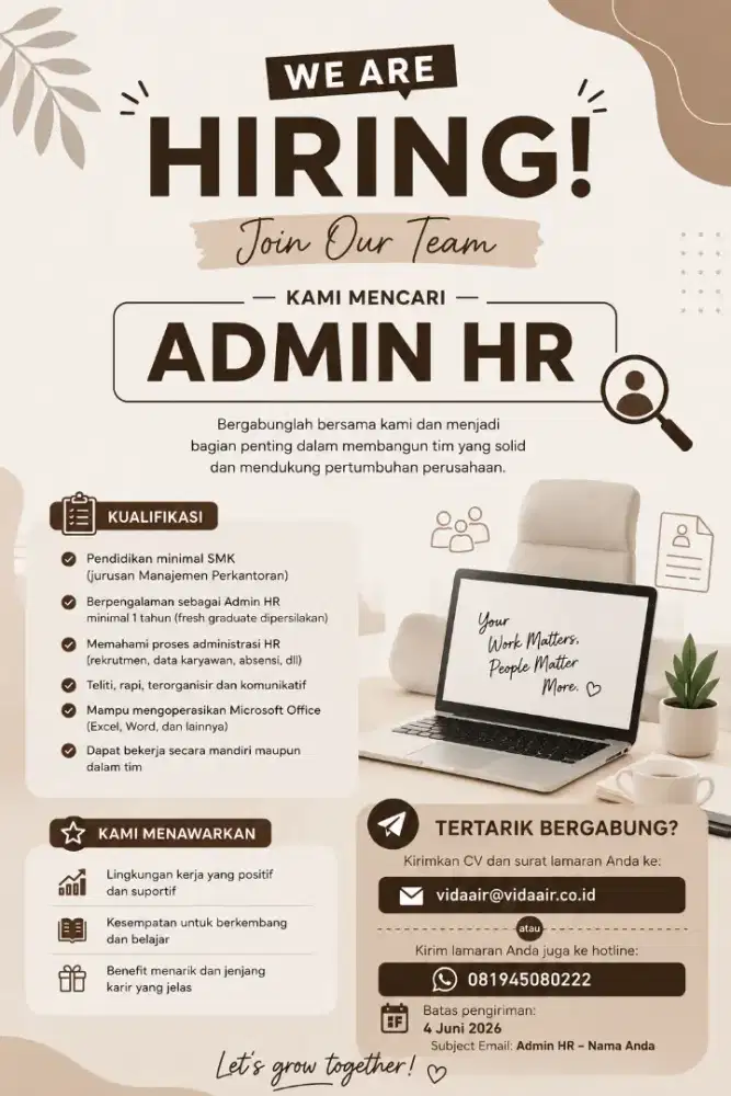 [WE ARE HIRING] ADMIN HR – PT Vida Sinergi Servis Indonesia.