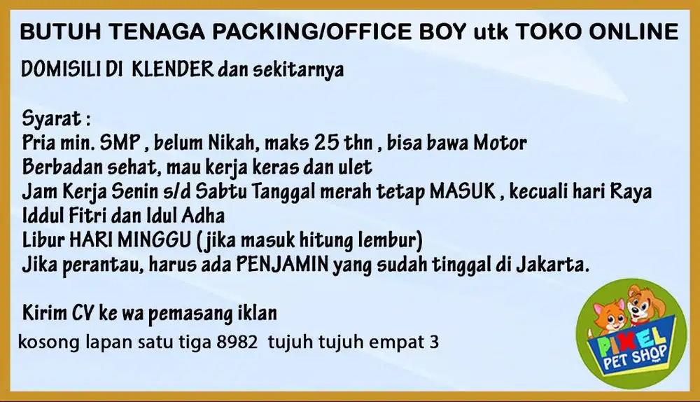 Butuh tenaga OB rangkap Packing untuk toko Online