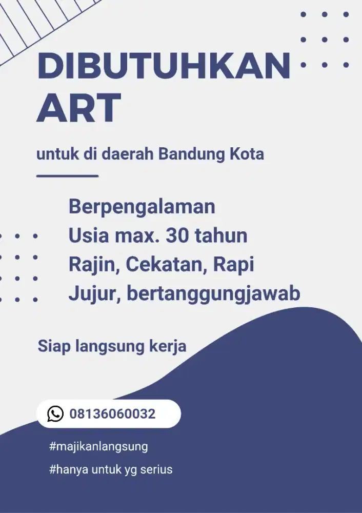 Dicari ART Jujur untuk rumah di Bandung Kota