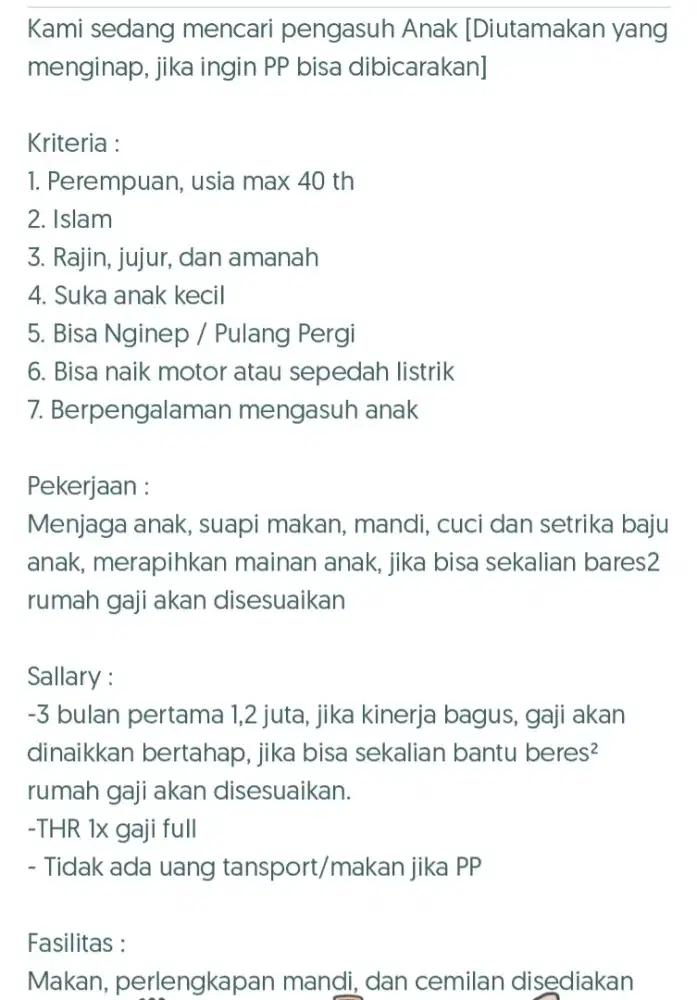Bismillaah, Dibutuhkan segera pengasuh anak laki-laki usia 4 tahun