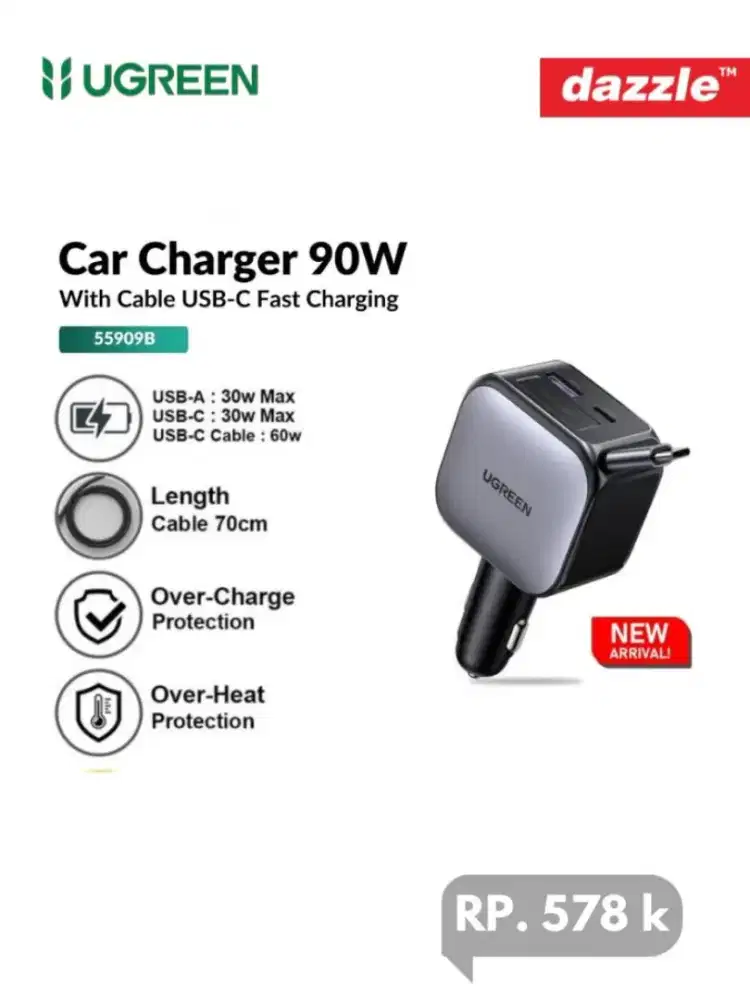 Car charger 90W with built-in cable type-C UGREEN
