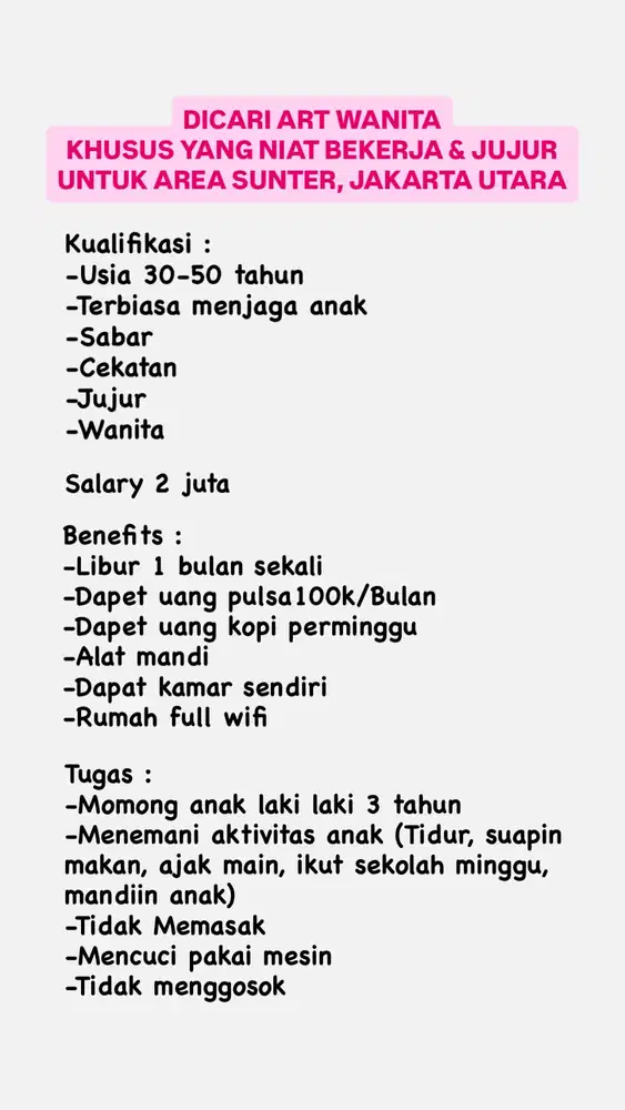DICARI ART WANITA MENGINAP AREA SUNTER JAKARTA UTARA