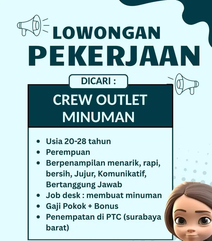 Dicari segera staff stand minuman di PTC