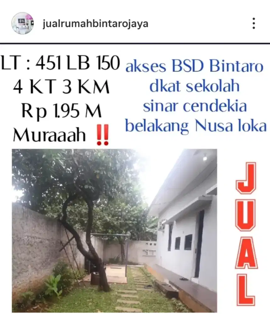 Jual rumah murah tanah 451 M² akses Bintaro BSD direct pemilik owner