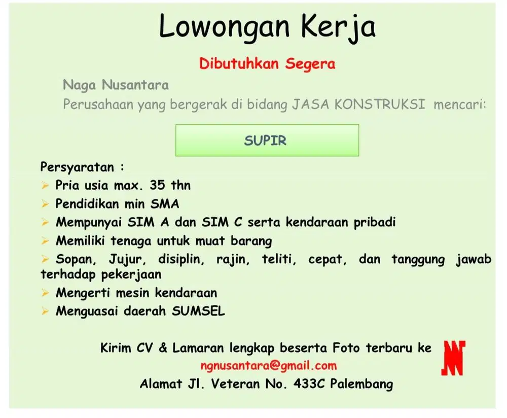 Dibutuhkan supir barang