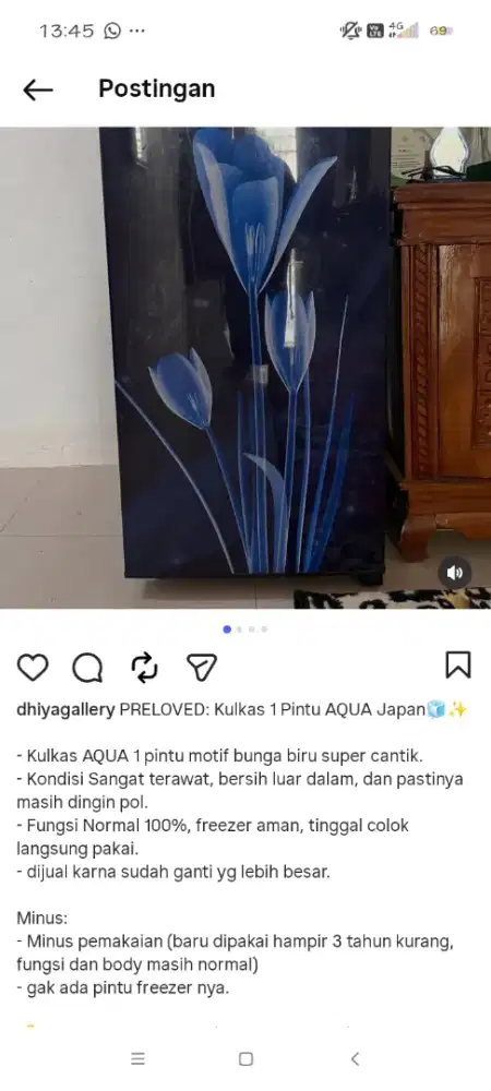 kulkas 1 pintu pemakaian kurang lebih 3 tahun tpi masih bagus