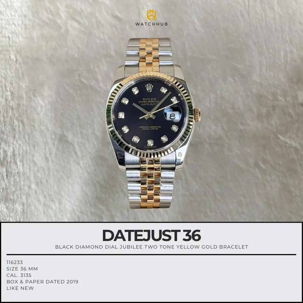 Rolex Datejust 36 Black Diamond Two Tone Yellow Gold 116233