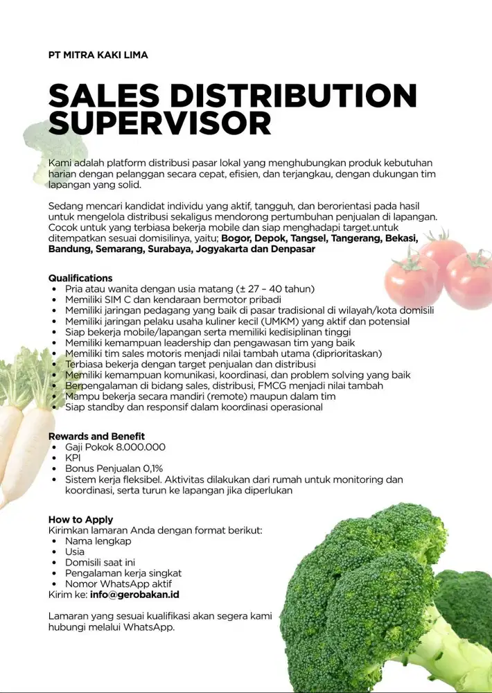 LOWONGAN PEKERJAAN SALES DISTRIBUTION SUPERVISOR