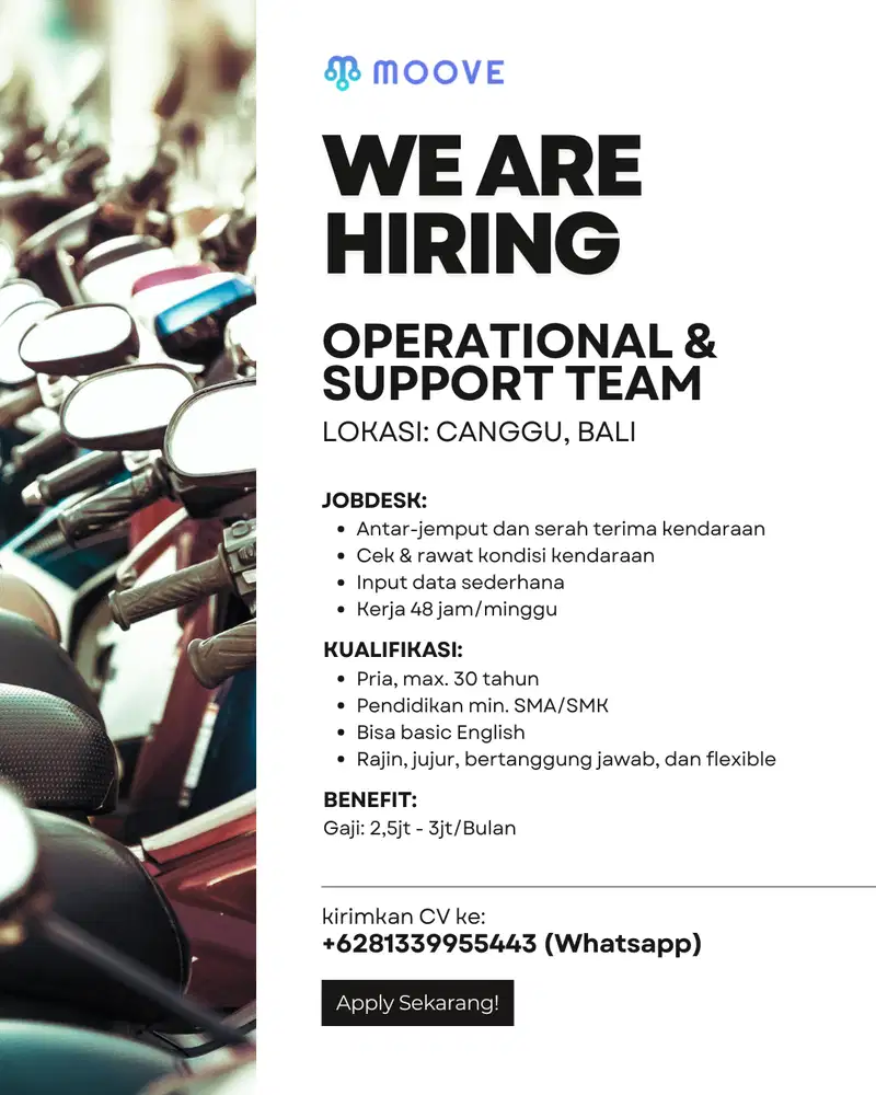 Lowongan Rental Motor untuk Operational & Support Team di Canggu Bali