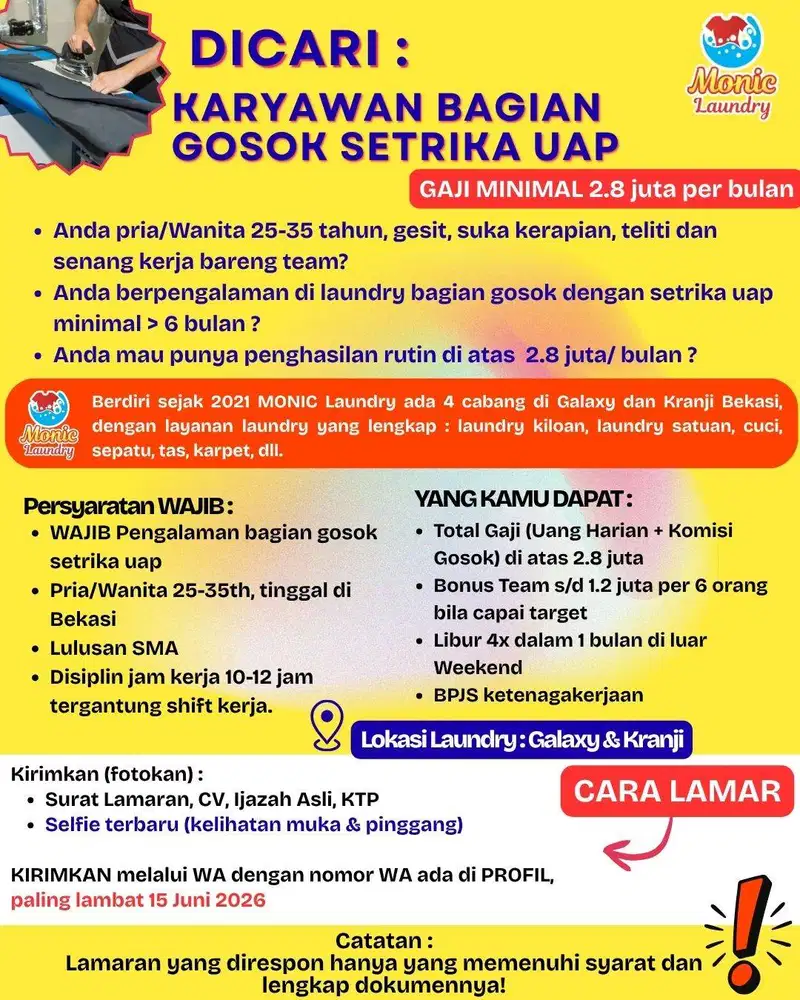 Dicari : Karyawan Bagian Setrika Uap untuk Laundry Galaxy & Kranji Bek