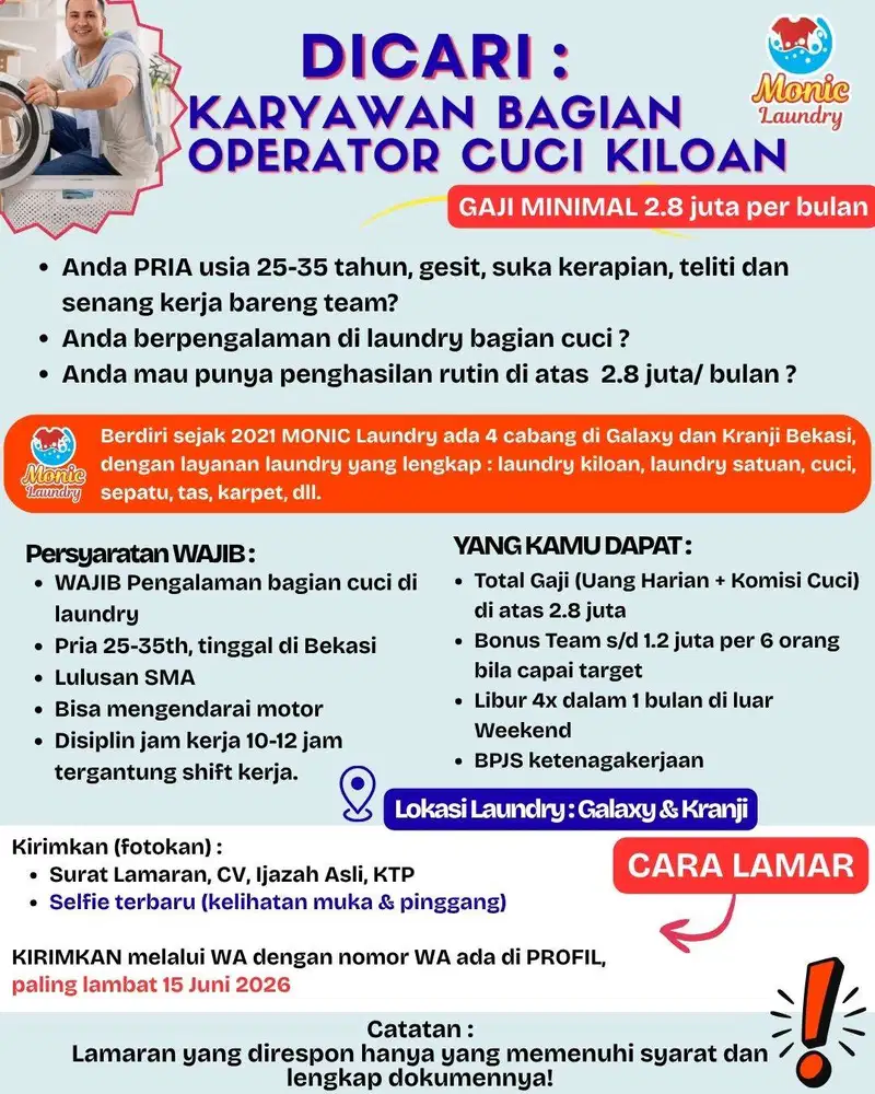 Dicari : Karyawan Bagian Operator Cuci untuk Laundry Galaxy & Kranji !