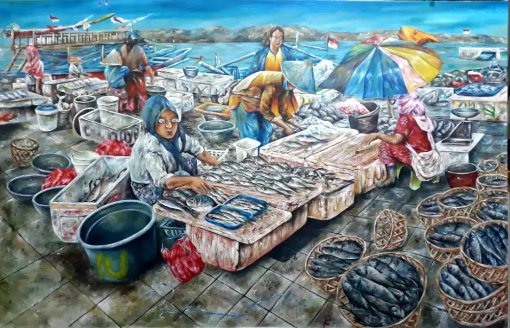 Lukisan Canvas pasar ikan